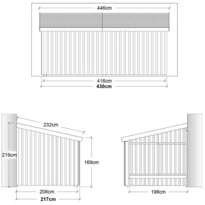 Aanbouw berging open 9,5 m2 onbehandeld 217 x 430 x 219 cm