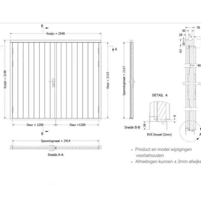 Dubbele plaatdeur XL met kozijn - wit - 1200 x 2115 mm incl. beslag