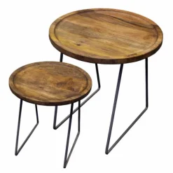 Industriële bijzettafel rond massief Mango - Set van 2