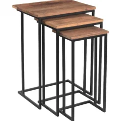 Industriële bijzettafel vierkant hout&staal - Set van 3
