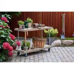 Lattenbijzettafel vuren met wielen - Lengte 140 cm driftwood geverfd