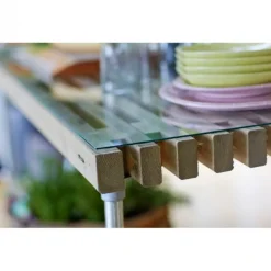 Lattenbijzettafel vuren met wielen - Lengte 140 cm driftwood geverfd