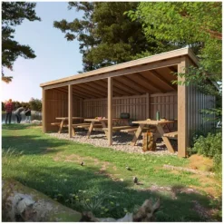 Overkapping met 3 picknicktafels 14 m2 - 635 x 218 x 169/220 cm