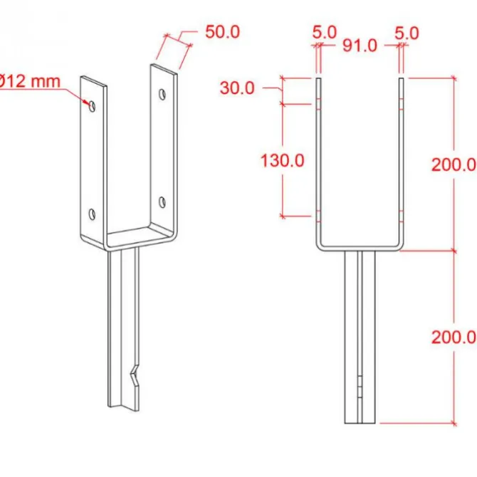 Paalhouder gepunt U gegalvaniseerd tbv tuinpaal van 9 x 9 cm - 40 cm