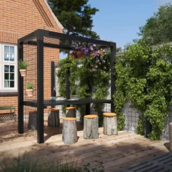 Pergola staal met gaaspanelen en houten tafel zwart - 198 x 108 x 208 cm