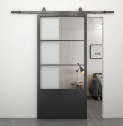 Stalen schuifdeur - Loft - 3 vaks helder glas - kickplate - 235 x 100 cm