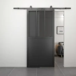 Stalen schuifdeur - Loft - 3 vaks rookglas - kickplate - 235 x 100 cm