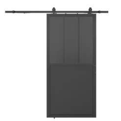 Stalen schuifdeur - Loft - 3 vaks rookglas - kickplate - 235 x 100 cm