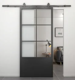 Stalen schuifdeur - Loft - 6 vaks helder glas - kickplate - 235 x 100 cm