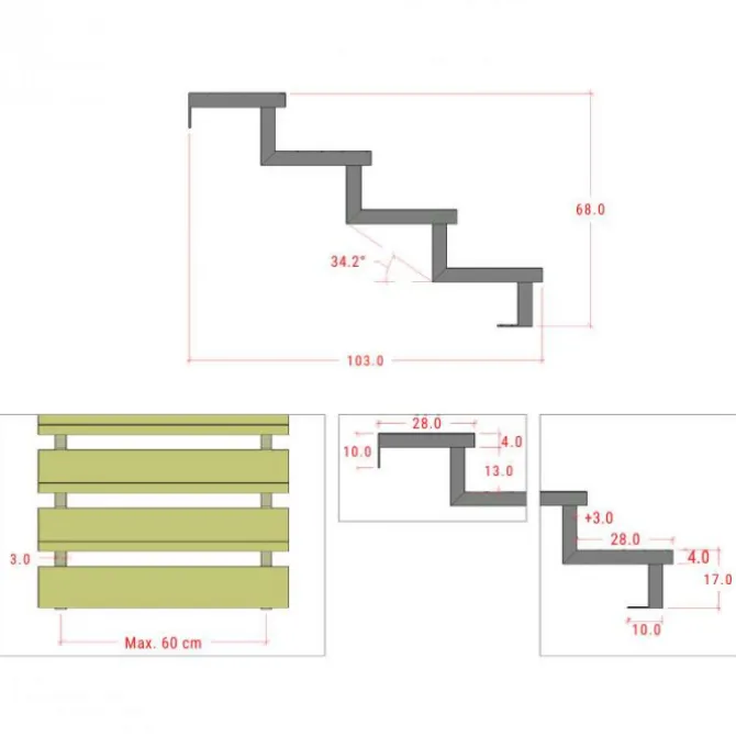Tuintrap staal - Trapbalk 4 treden - 103 x 68 cm