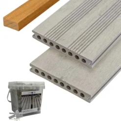 Vlonder totaalpakket composiet semi massief 2,1 x 14 cm steengrijs gevlamd (4 mtr) fijne ribbel en vlak