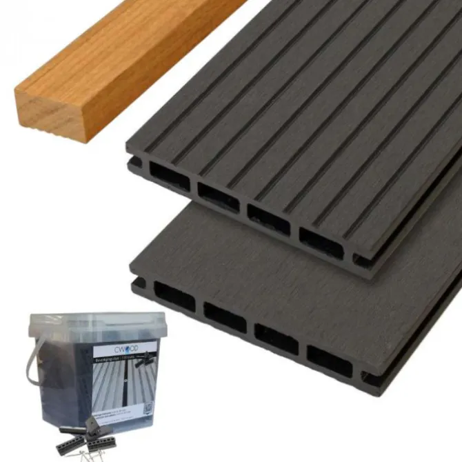 Vlonder totaalpakket composiet 2,1 x 14 cm grey (5 mtr) vlak/grove ribbel