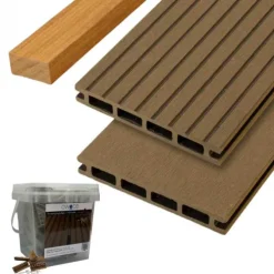 Vlonder totaalpakket composiet 2,1 x 14 cm teak bruin (3 mtr) vlak/grove ribbel