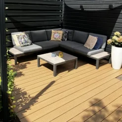 Vlonder totaalpakket composiet 2,1 x 14 cm teak bruin (3 mtr) vlak/grove ribbel